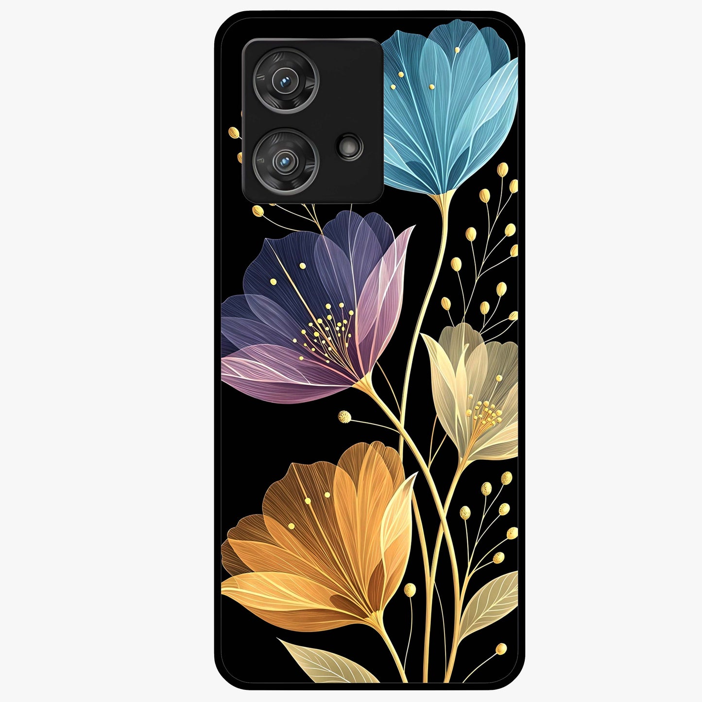 Delicate Multicolor Flowers Glass Case showing flat back view with vibrant floral artwork and glossy glass finish.