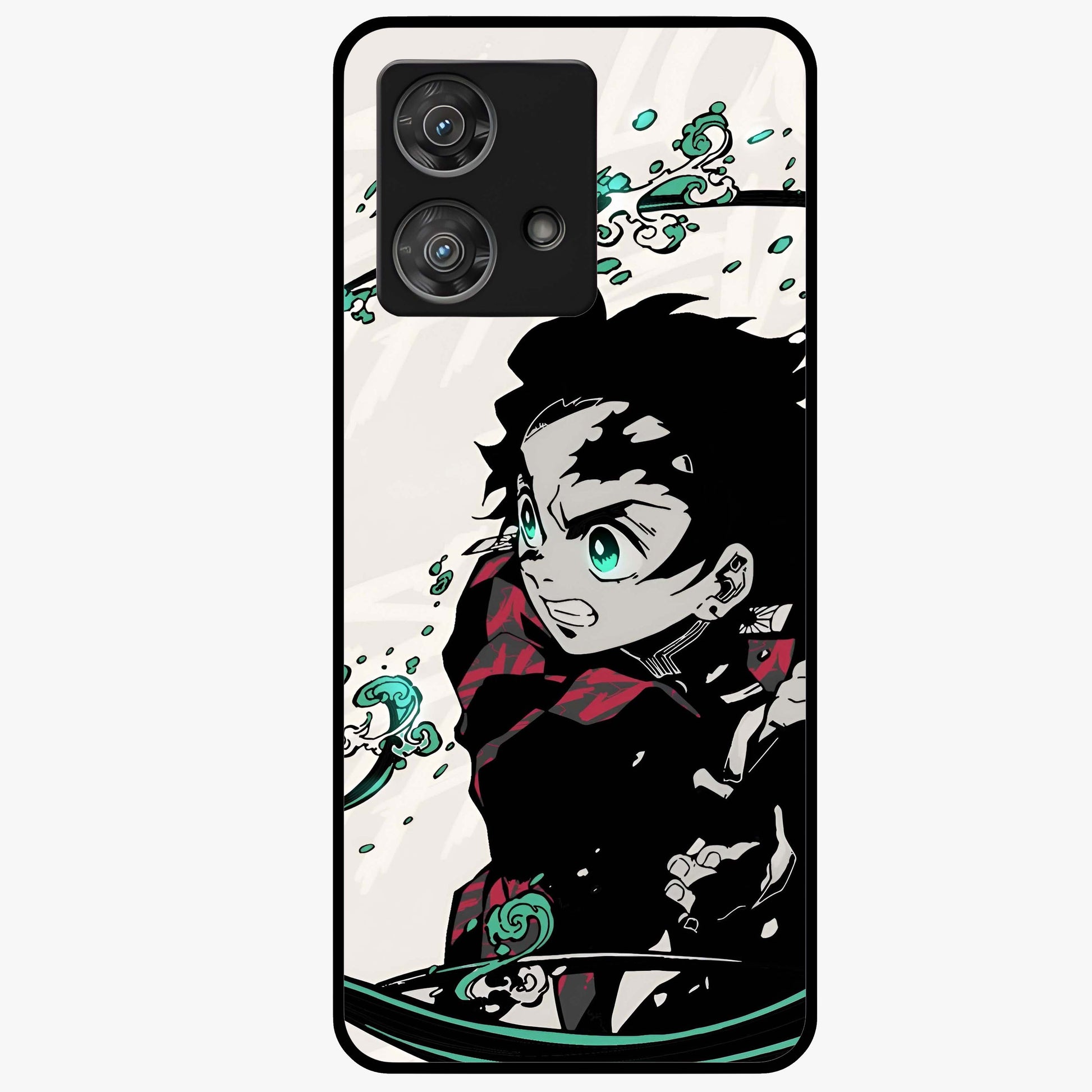 Demon Slayer Glass Case showing flat back view with bold anime inspired artwork and glossy glass finish.