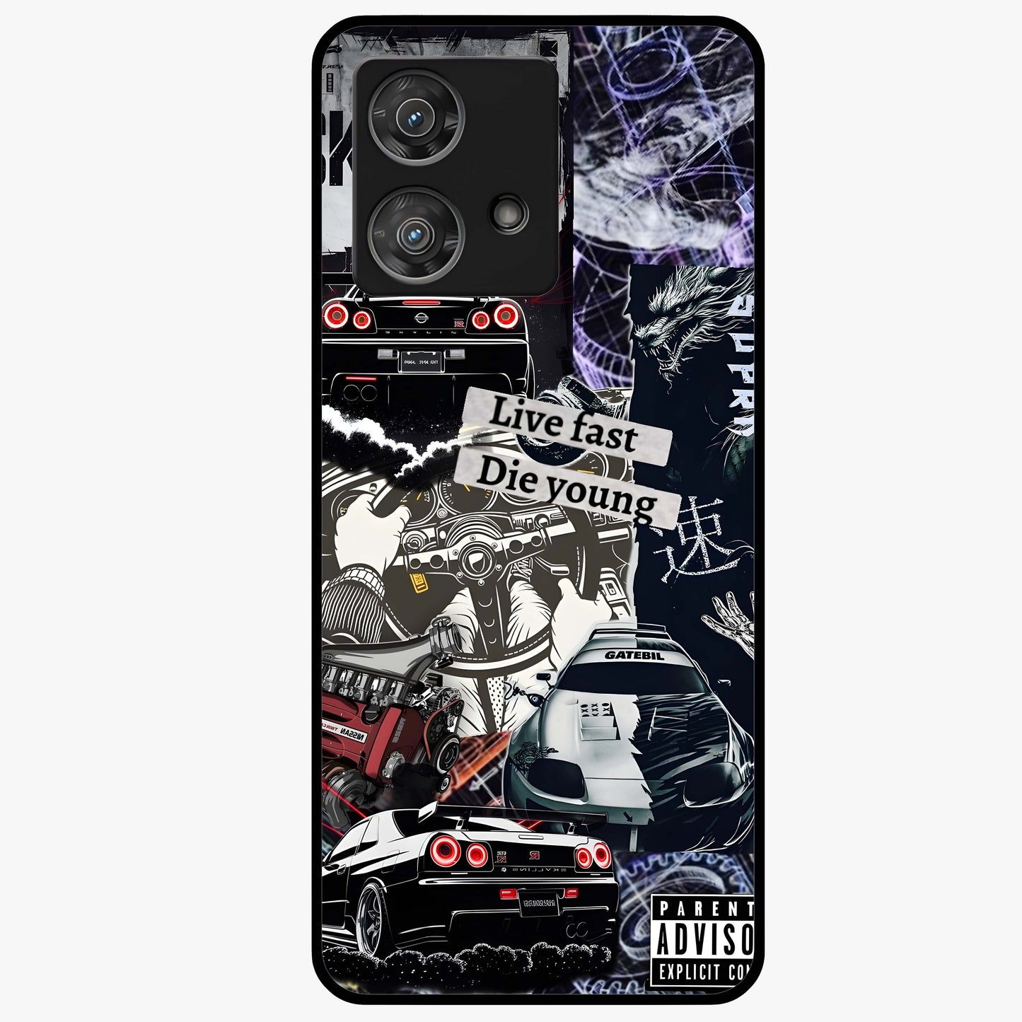 Die Young Glass Case showing flat back view with bold artistic typography design and glossy glass finish.