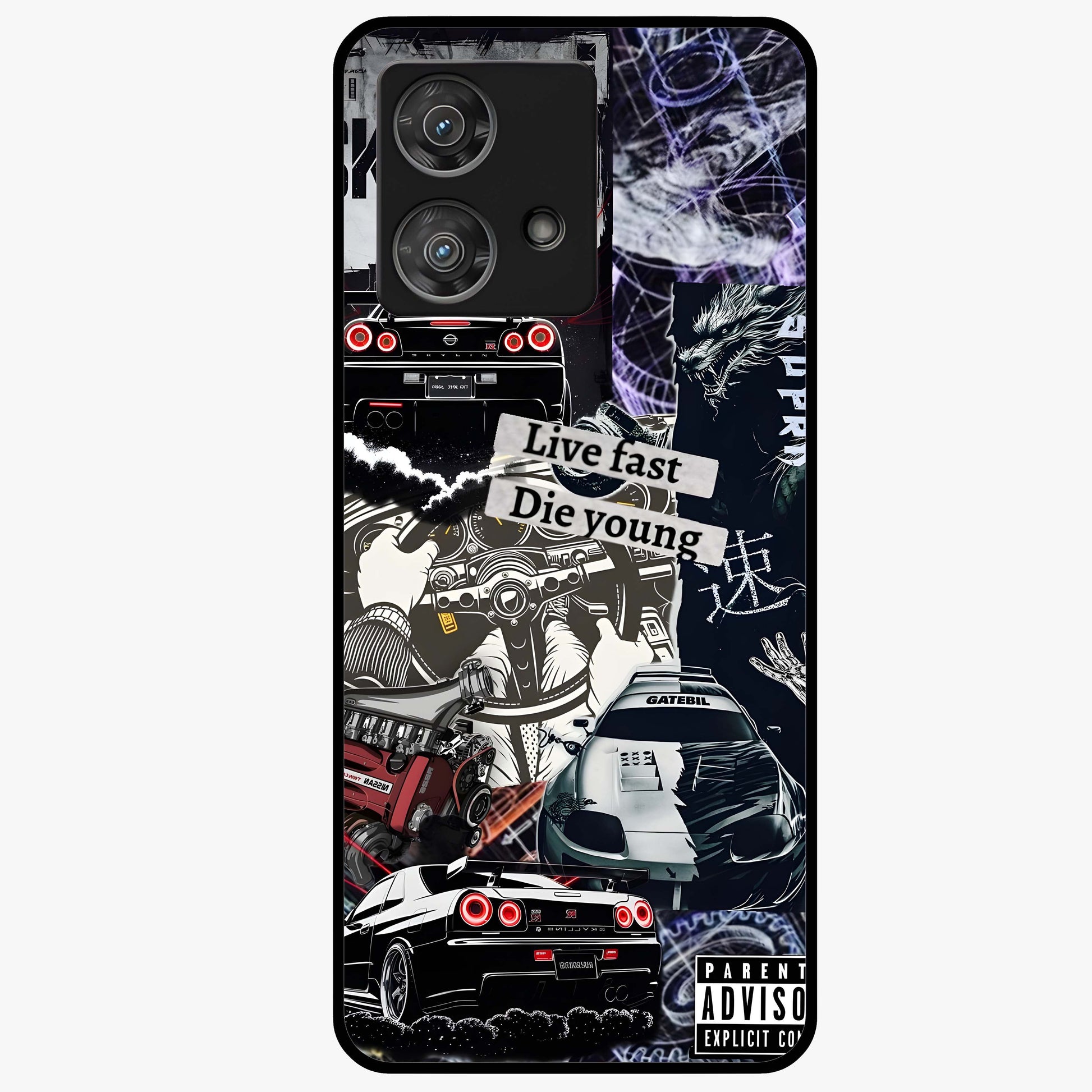 Die Young Glass Case showing flat back view with bold artistic typography design and glossy glass finish.