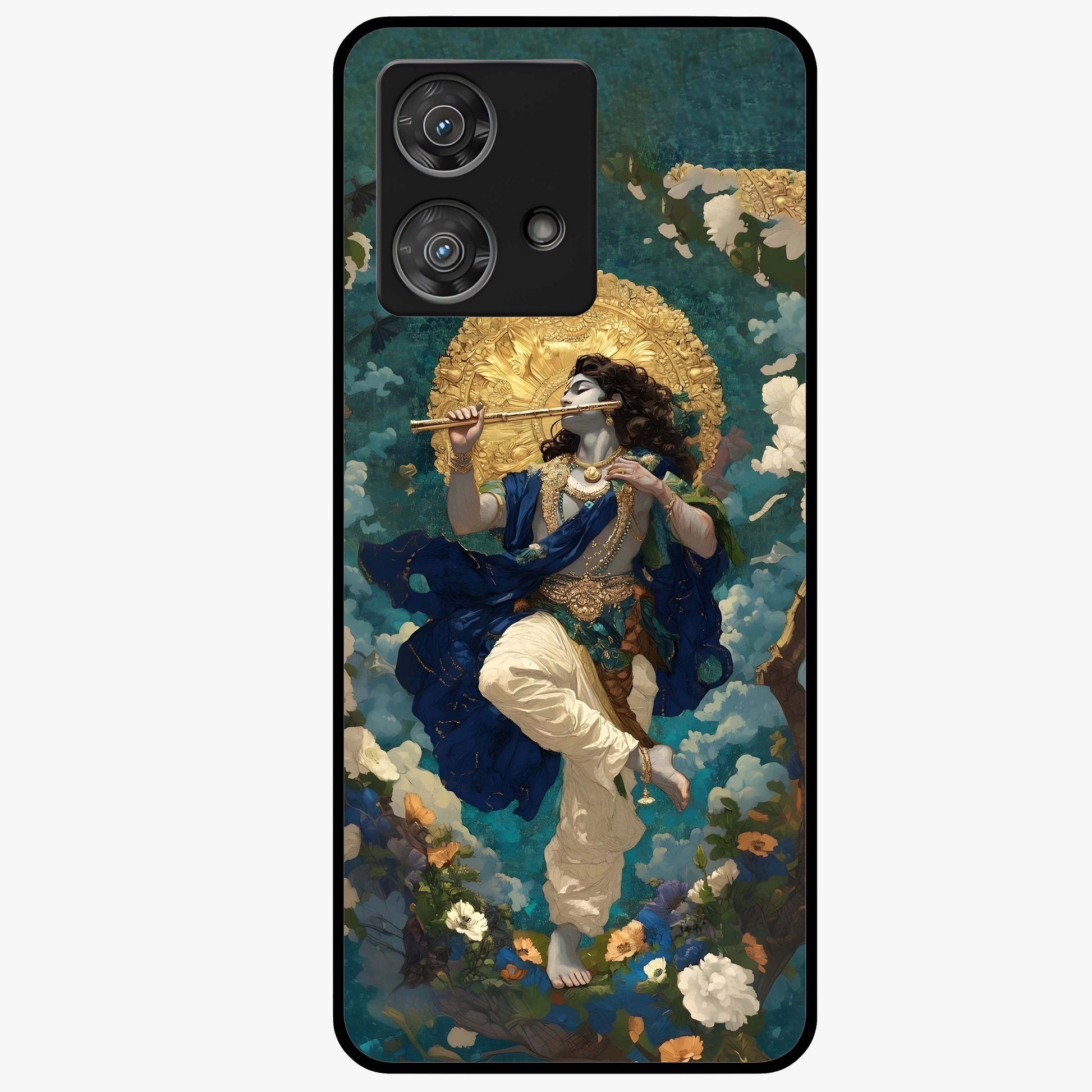 Divine Krishna Art Glass Case showing flat back view with Lord Krishna artwork and glossy glass finish.