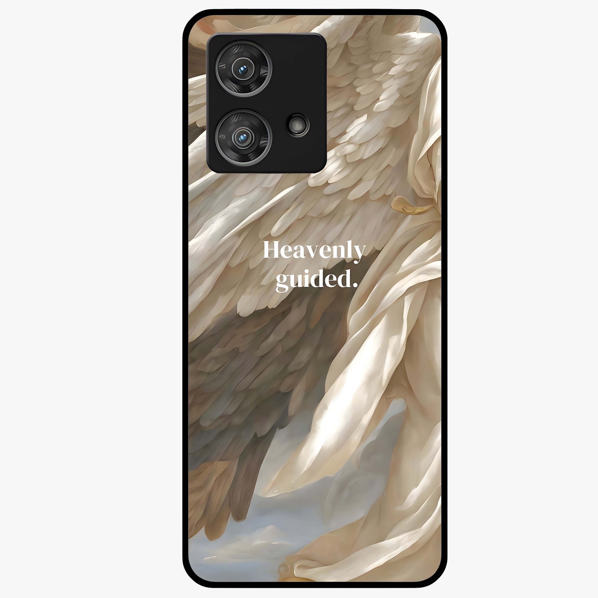Divine Winged Grace Glass Case showing flat back view with elegant wing inspired artwork and glossy glass finish.