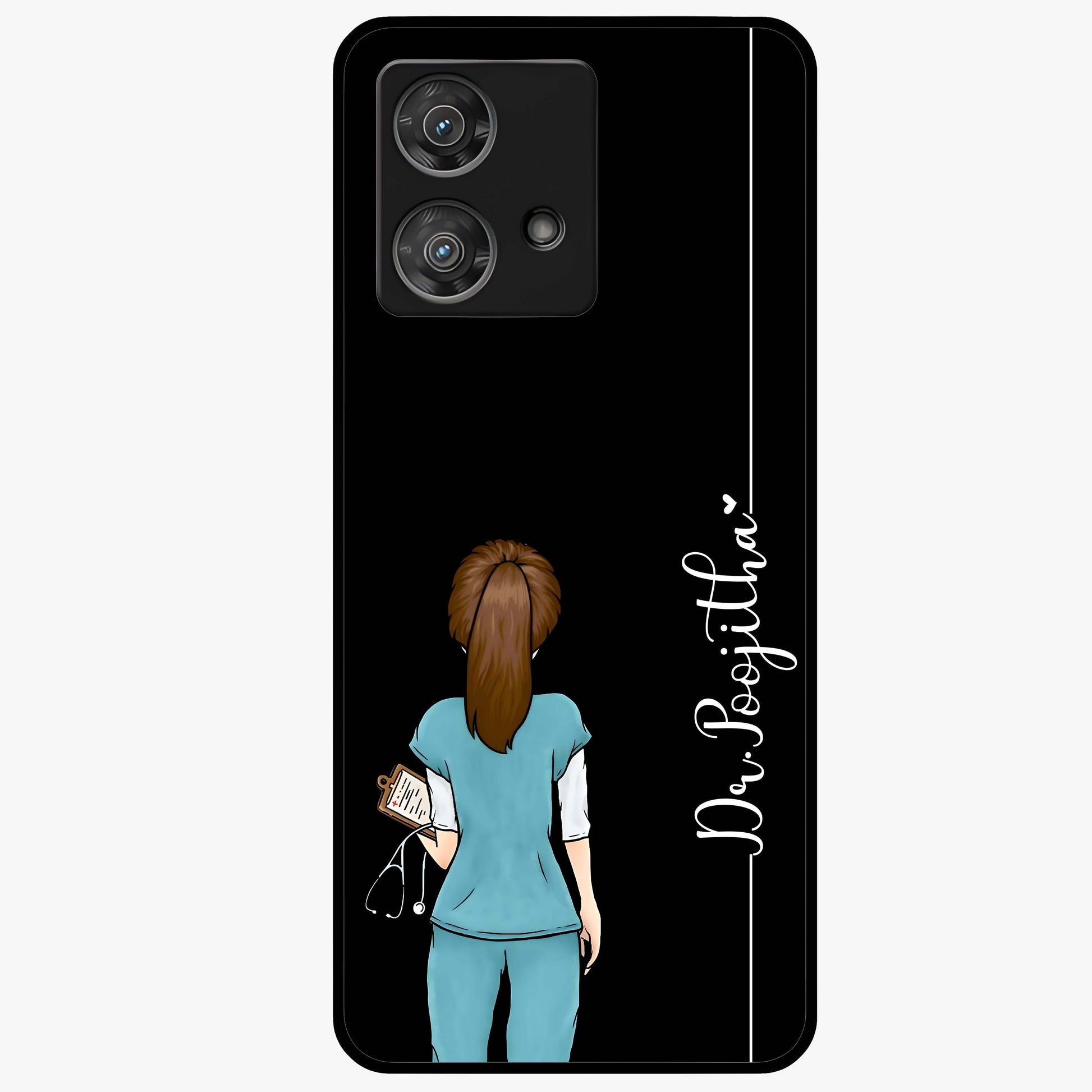 Doctor Pattern Custom Name Glass Case showing flat back view with medical themed pattern and personalized name design.