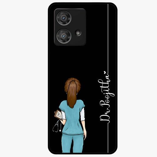 Doctor Pattern Custom Name Glass Case showing flat back view with medical themed pattern and personalized name design.