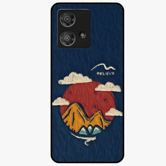 Dream Beyond Mountains Glass Case showing flat back view with scenic mountain landscape artwork and glossy glass finish.