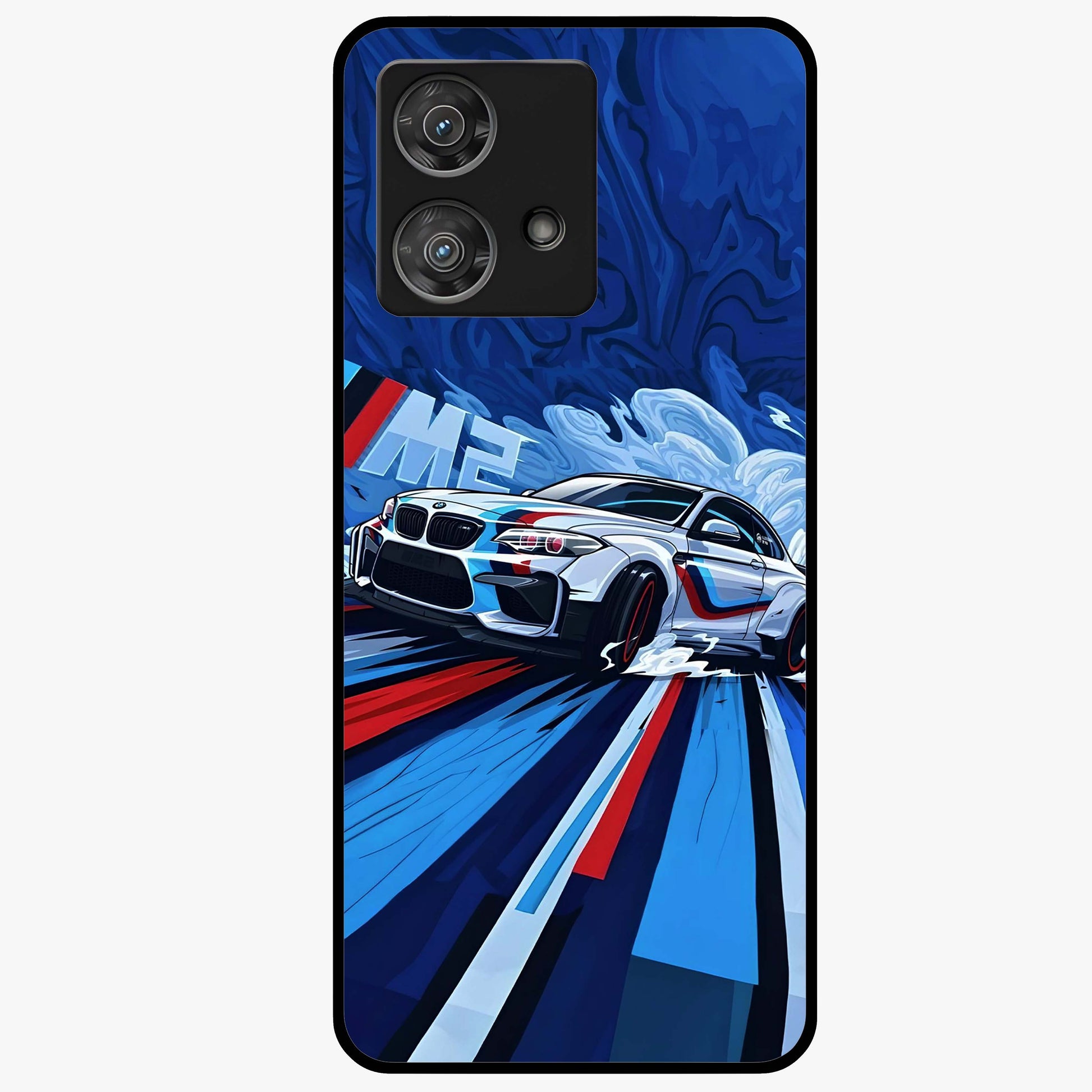 Drift Power Rush Glass Case showing flat back view with dynamic racing inspired artwork and glossy glass finish.