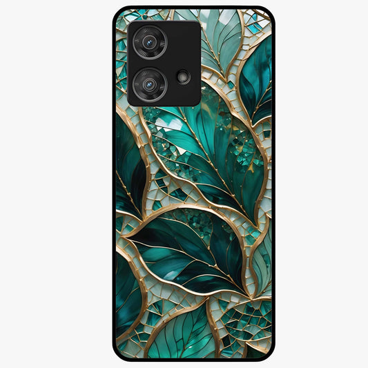 Emerald Leaf Glass Glass Case showing flat back view with emerald green leaf artwork and glossy glass finish.