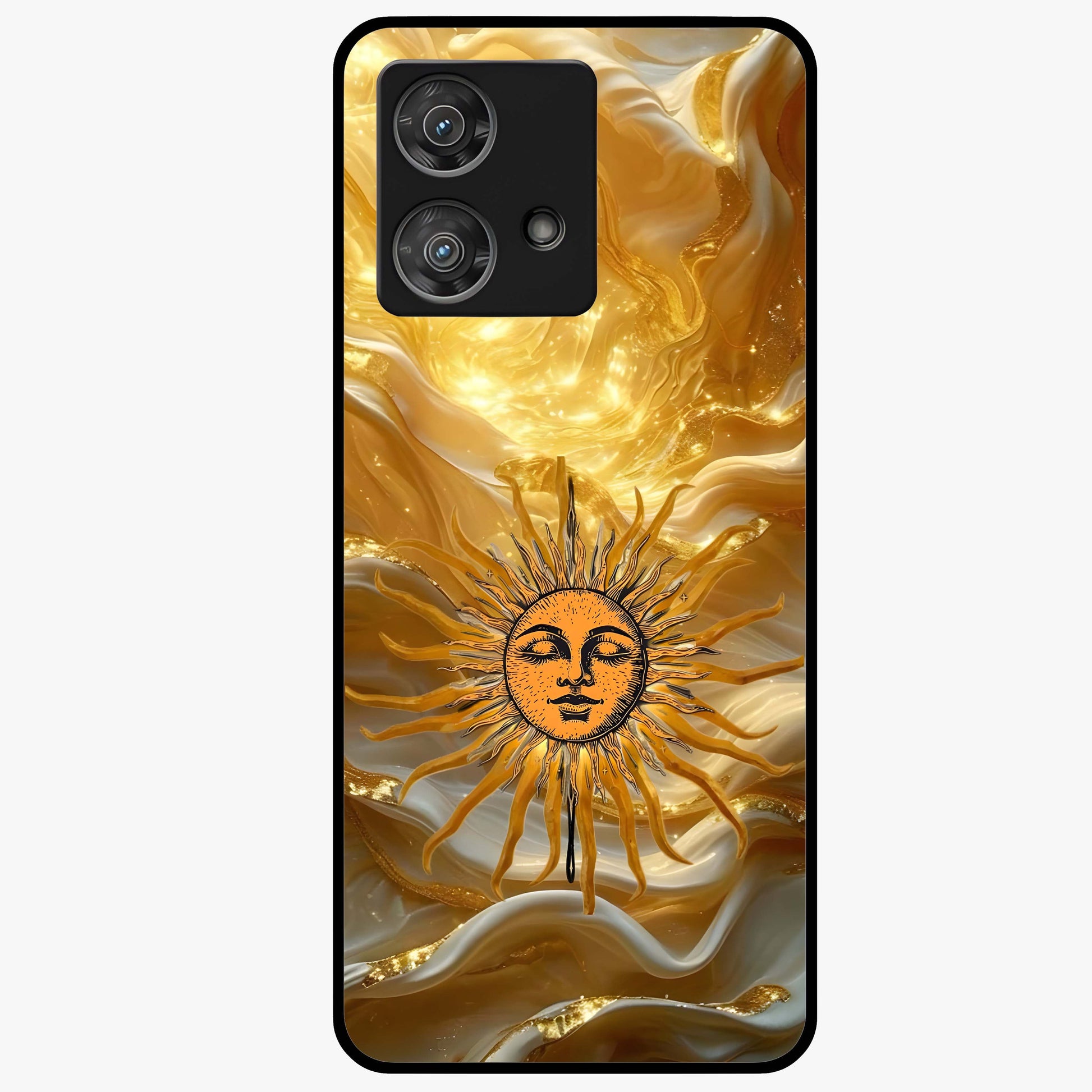 Eternal Golden Glow Glass Case showing flat back view with radiant golden themed artwork and glossy glass finish.