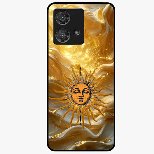 Eternal Golden Glow Glass Case showing flat back view with radiant golden themed artwork and glossy glass finish.