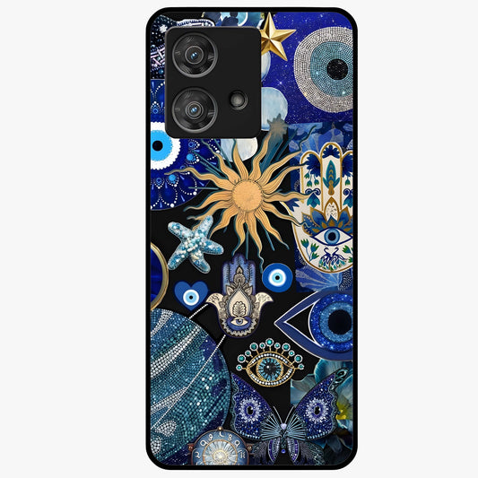 Evil Eye Charm Mix Glass Case showing flat back view with multiple evil eye charms artwork and glossy glass finish.