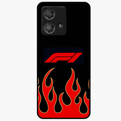 Fire F11 Glass Case showing flat back view with fiery themed artwork and glossy glass finish.