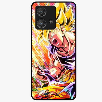 Firing Goku Glass Case showing flat back view with powerful anime inspired artwork and glossy glass finish.