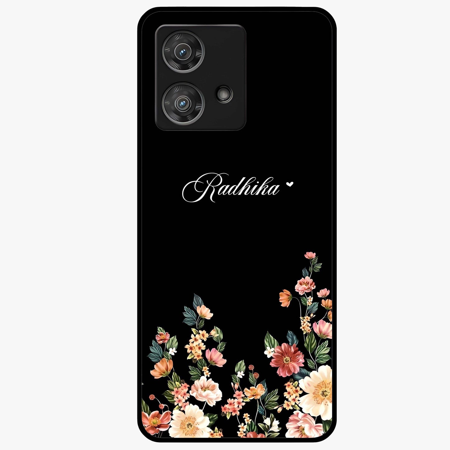 Floral Design With a Custom Personalized Name Glass Case showing flat back view with floral artwork and personalized name design.