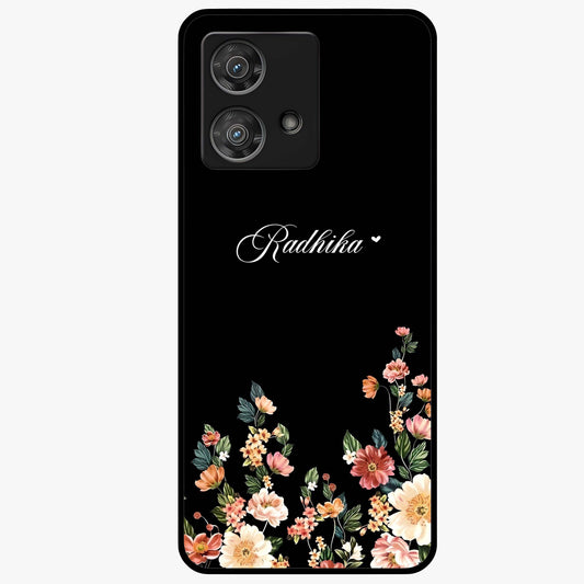 Floral Design With a Custom Personalized Name Glass Case showing flat back view with floral artwork and personalized name design.