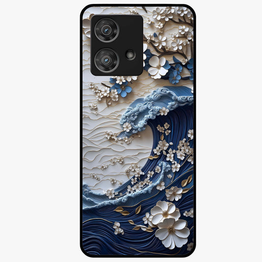 Floral Wave Origami Glass Case showing flat back view with origami inspired floral wave artwork and glossy glass finish.