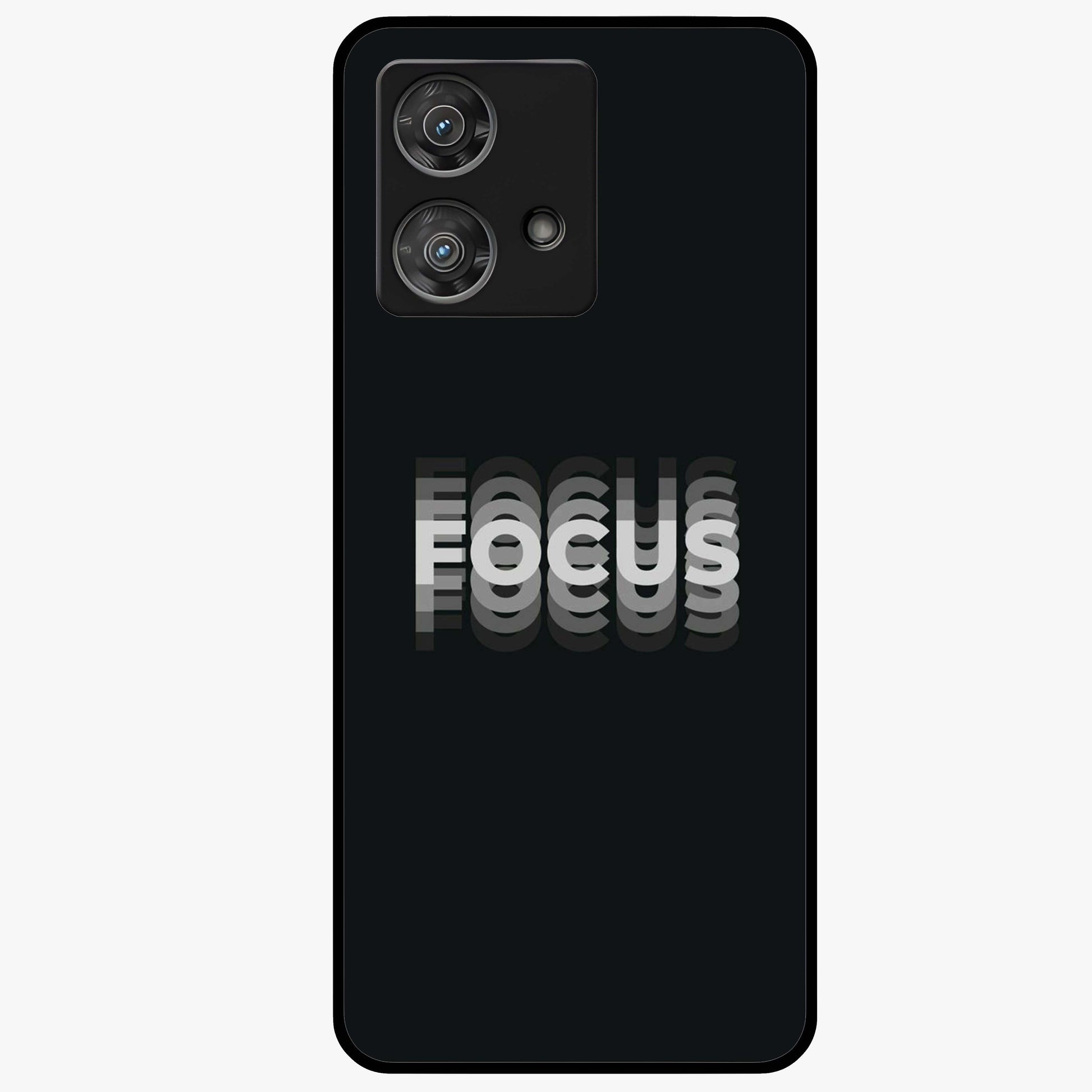 Focus Mode On Glass Case showing flat back view with bold motivational typography design and glossy glass finish.