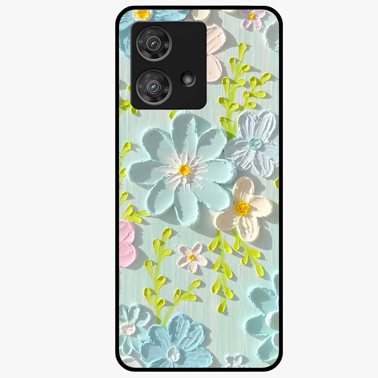Frosted Petal Garden Glass Case showing flat back view with soft frosted floral artwork and glossy glass finish.
