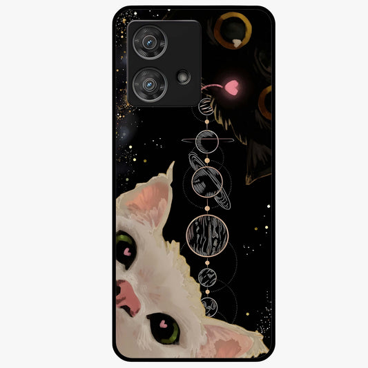 Galactic Cat Glass Case showing flat back view with cosmic cat artwork and glossy glass finish.