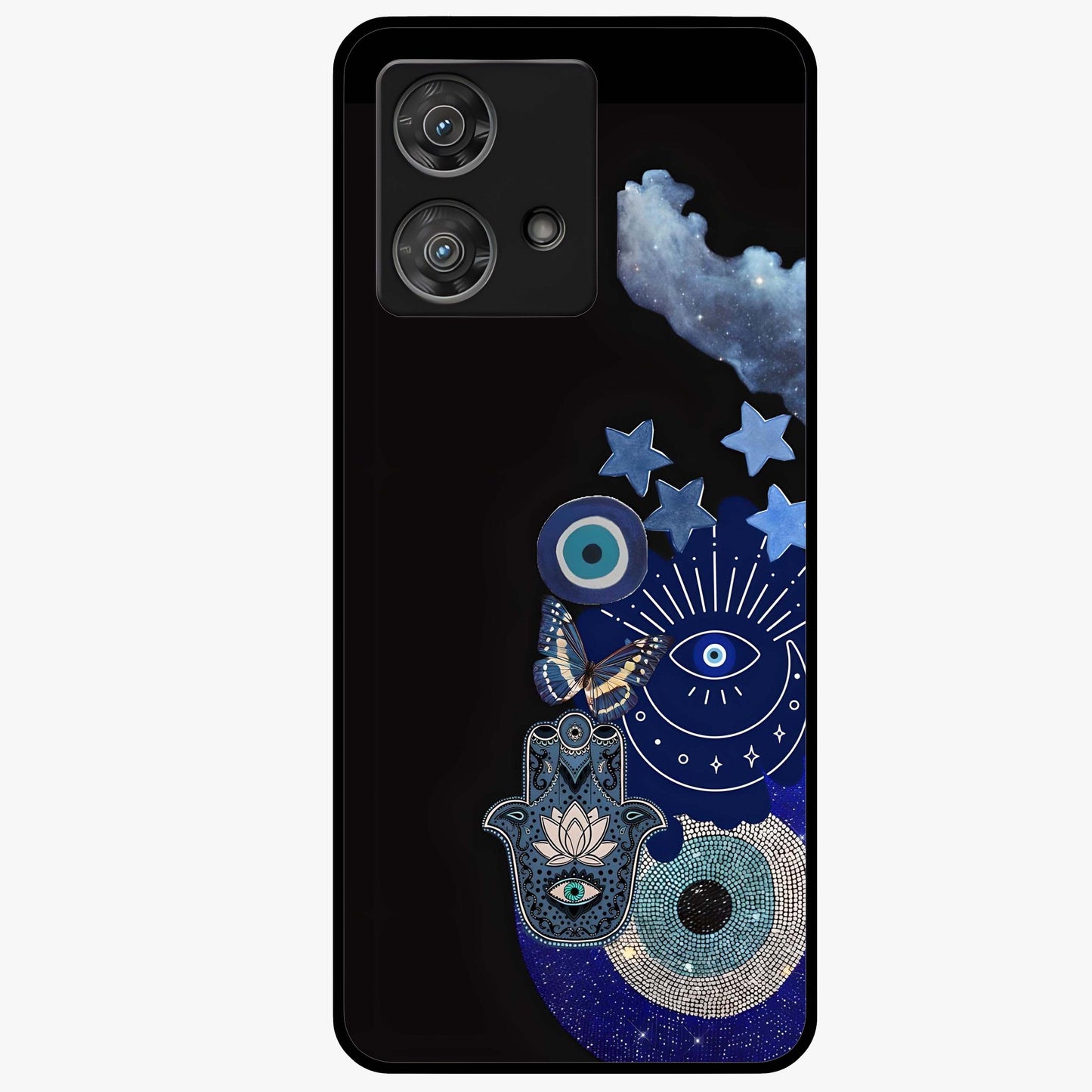 Galactic Charm Cluster Glass Case showing flat back view with glowing celestial charm artwork and glossy glass finish.