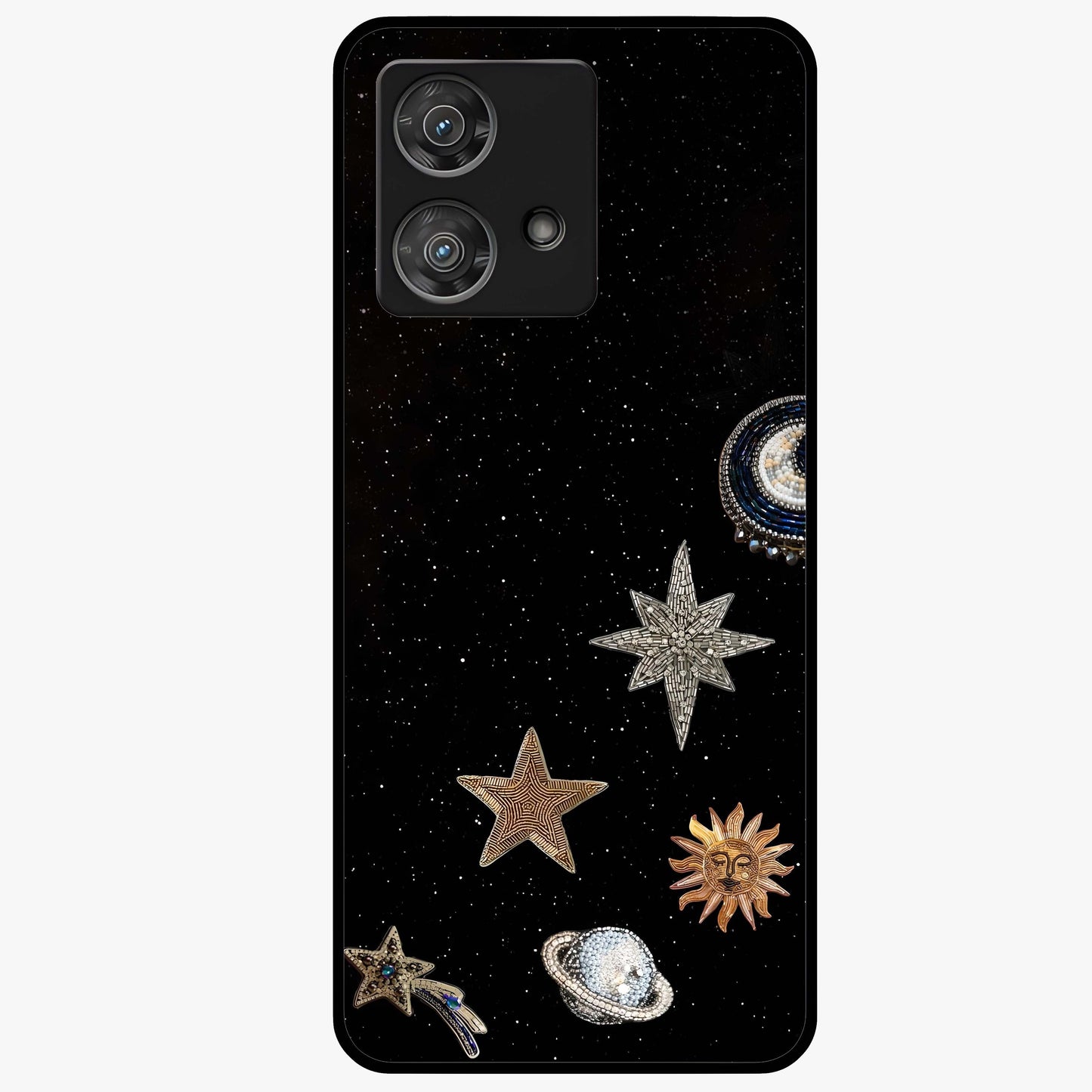Galactic Charm Glow Glass Case showing flat back view with glowing celestial charm artwork and glossy glass finish.