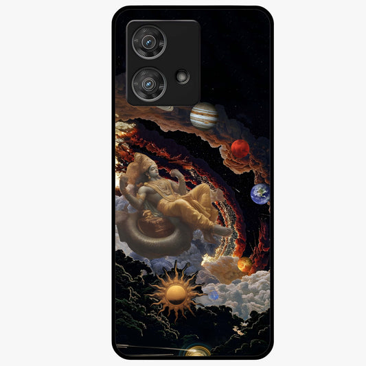 Galactic Divine God Glass Case showing flat back view with divine cosmic themed artwork and glossy glass finish.