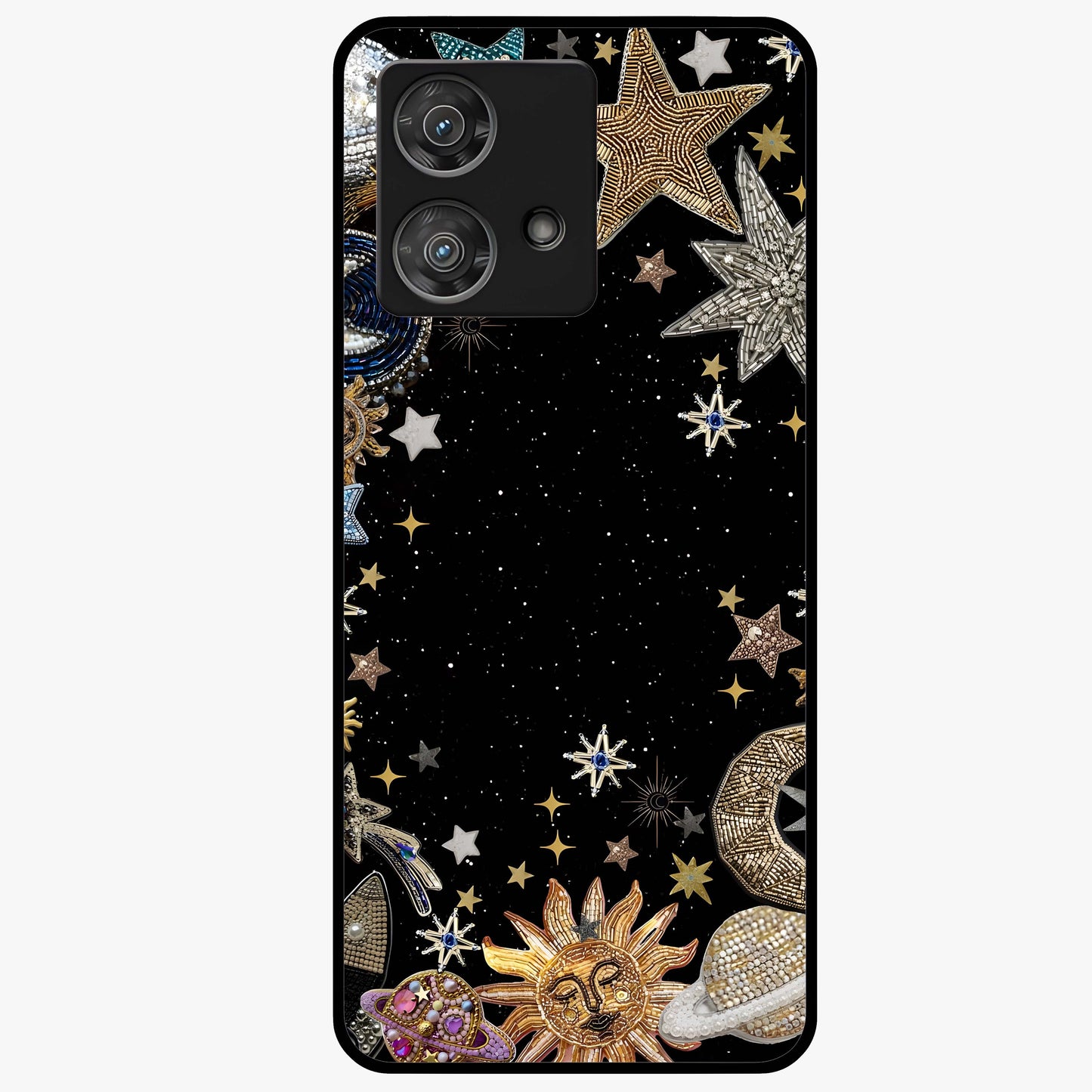 Galactic Jewel Stars Glass Case showing flat back view with sparkling star jewel artwork and glossy glass finish.
