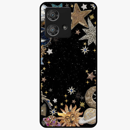 Galactic Jewel Stars Glass Case showing flat back view with sparkling star jewel artwork and glossy glass finish.