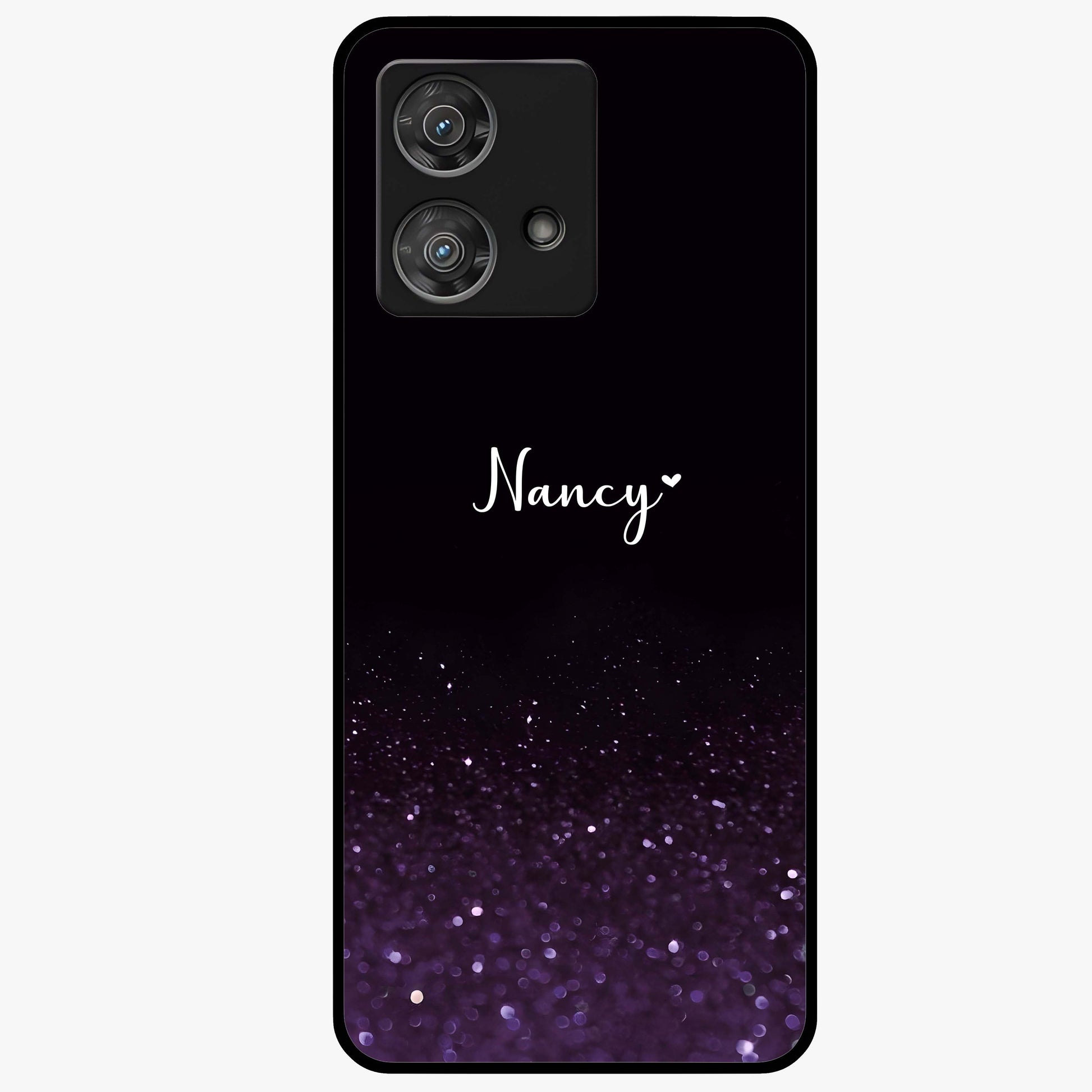 Glittery Purple Bokeh Custom Name Glass Case showing flat back view with purple bokeh sparkle artwork and personalized name design.