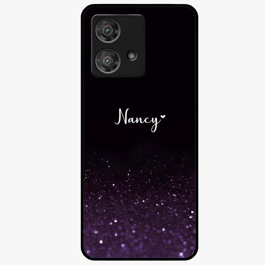 Glittery Purple Bokeh Custom Name Glass Case showing flat back view with purple bokeh sparkle artwork and personalized name design.