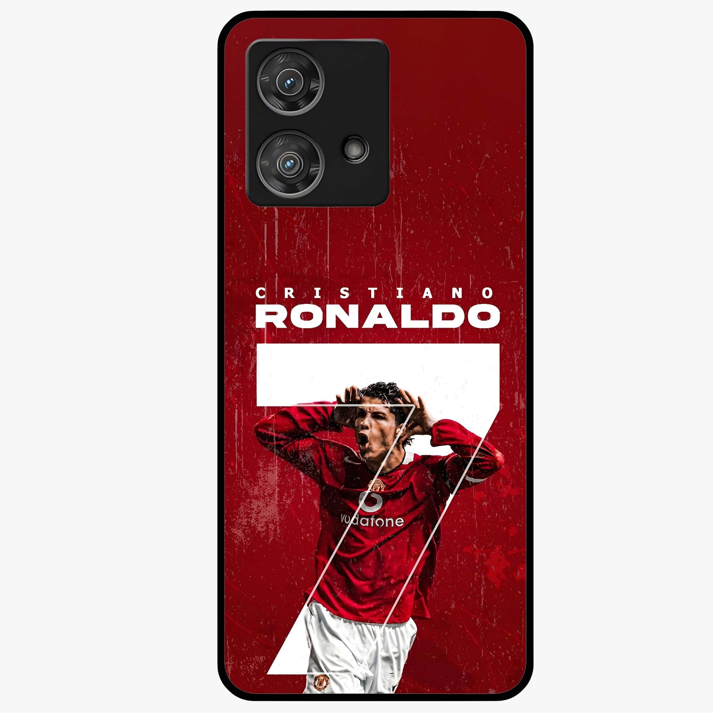 Goal Celebration Legacy Glass Case showing flat back view with football celebration inspired artwork and glossy glass finish.