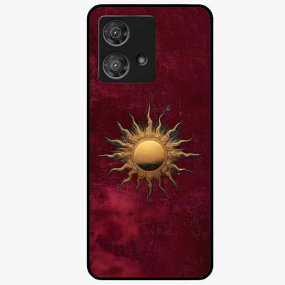 Gold Sun Blush Glass Case showing flat back view with golden sun inspired artwork and glossy glass finish.