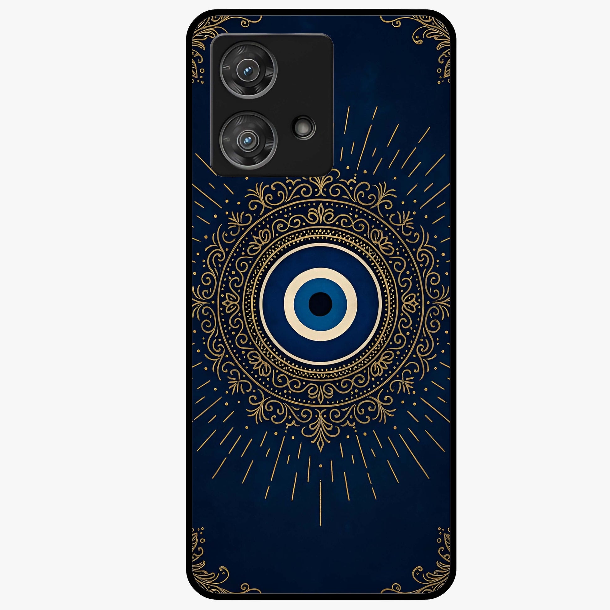 Golden Evil Eye Mandala Glass Case showing flat back view with intricate evil eye mandala artwork and glossy glass finish.