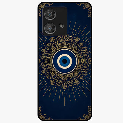 Golden Evil Eye Mandala Glass Case showing flat back view with intricate evil eye mandala artwork and glossy glass finish.