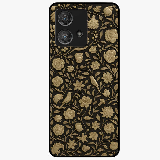 Golden Floral Majesty Glass Case showing flat back view with luxurious golden floral artwork and glossy glass finish.