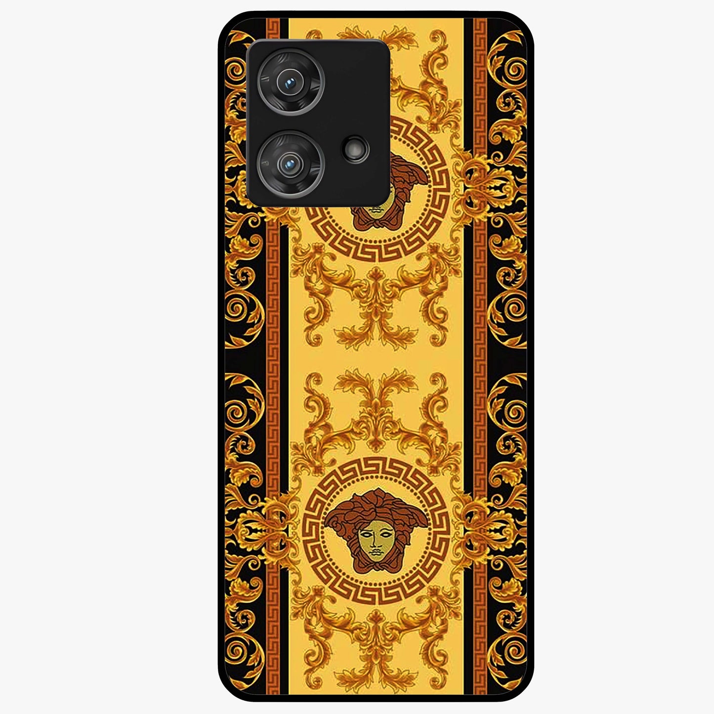 Golden Royal Heritage Glass Case showing flat back view with ornate royal pattern artwork and glossy glass finish.