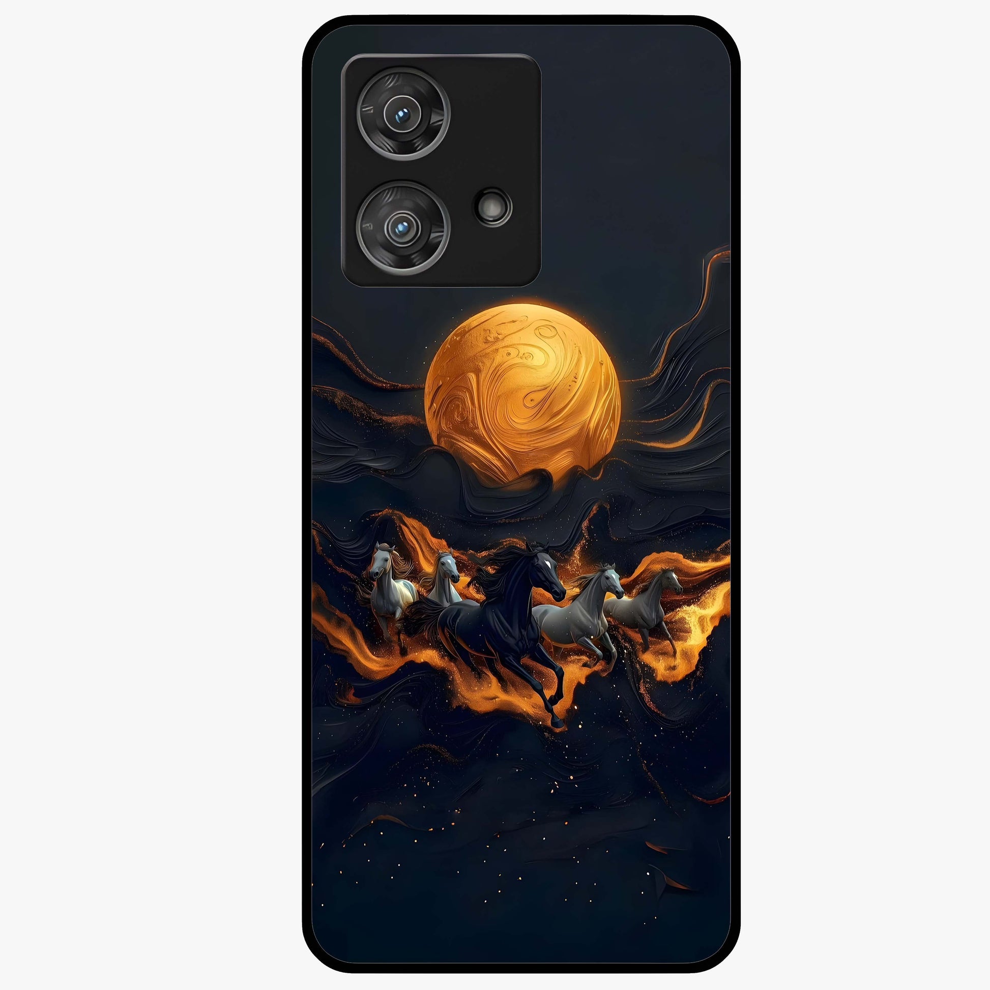 Golden Stallion Moonride Glass Case showing flat back view with majestic horse under moonlight artwork and glossy glass finish.