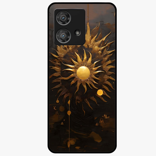 Golden Sun Majesty Glass Case showing flat back view with radiant golden sun artwork and glossy glass finish.