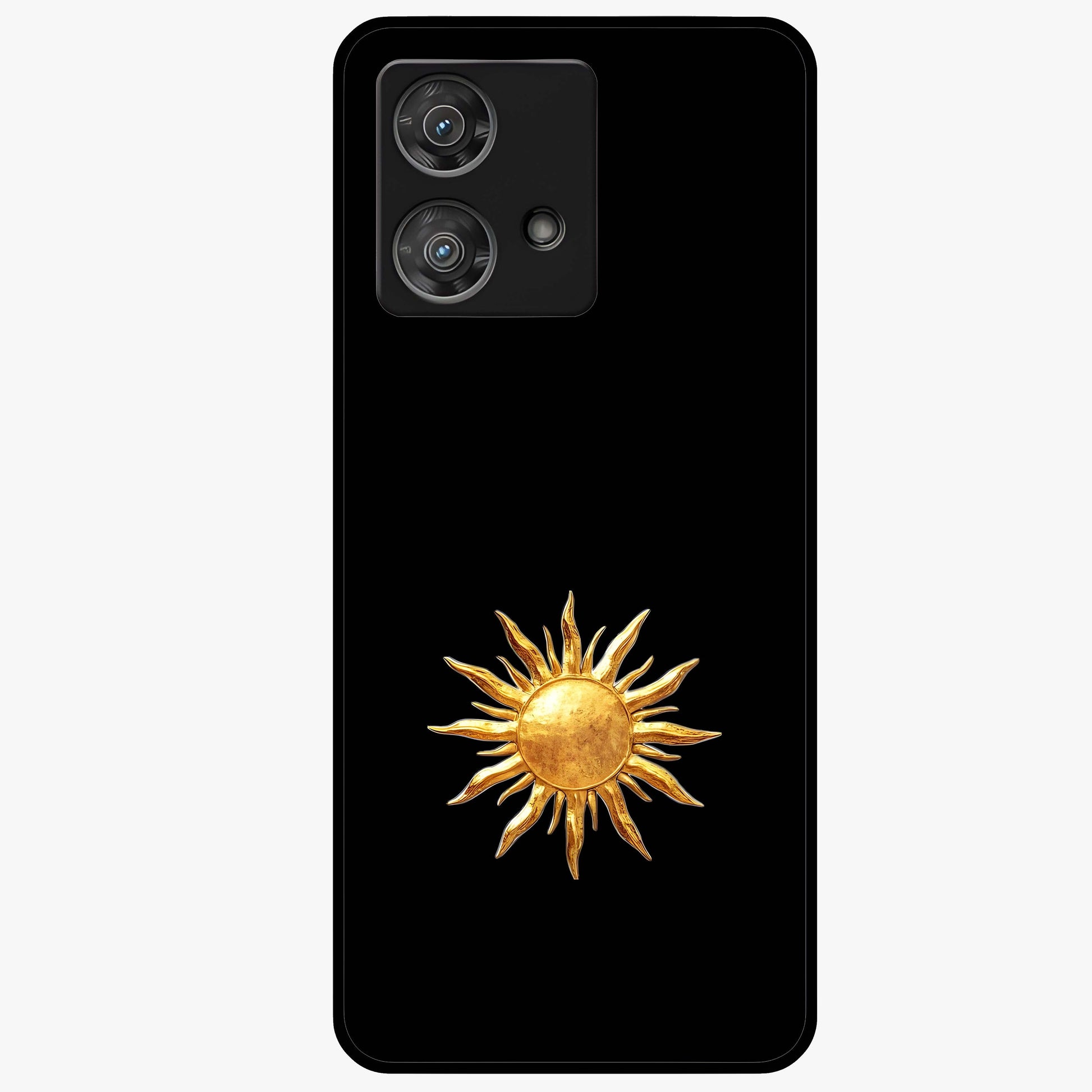 Golden Sun Minimalism Glass Case showing flat back view with minimal golden sun artwork and glossy glass finish.