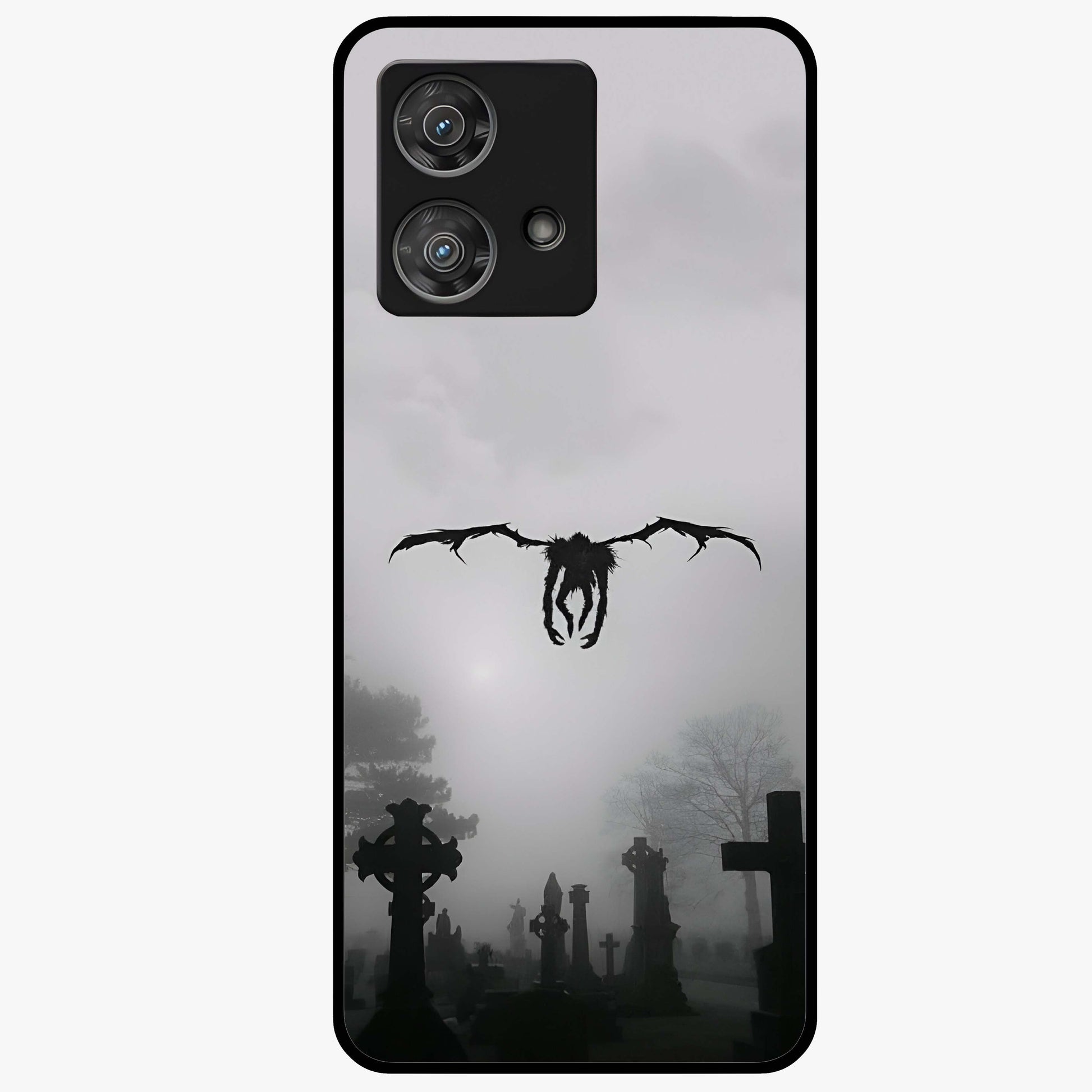 Graveyard Shadow Descent Glass Case showing flat back view with dark graveyard themed artwork and glossy glass finish.