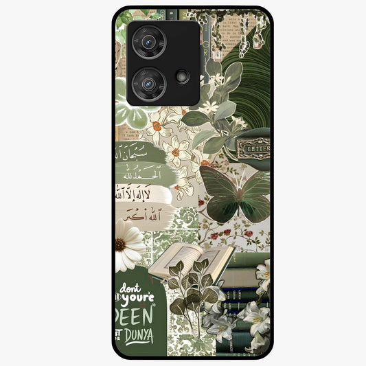 Green Islamic Books Quotes Glass Case showing flat back view with Islamic quotes and book themed artwork and glossy glass finish.