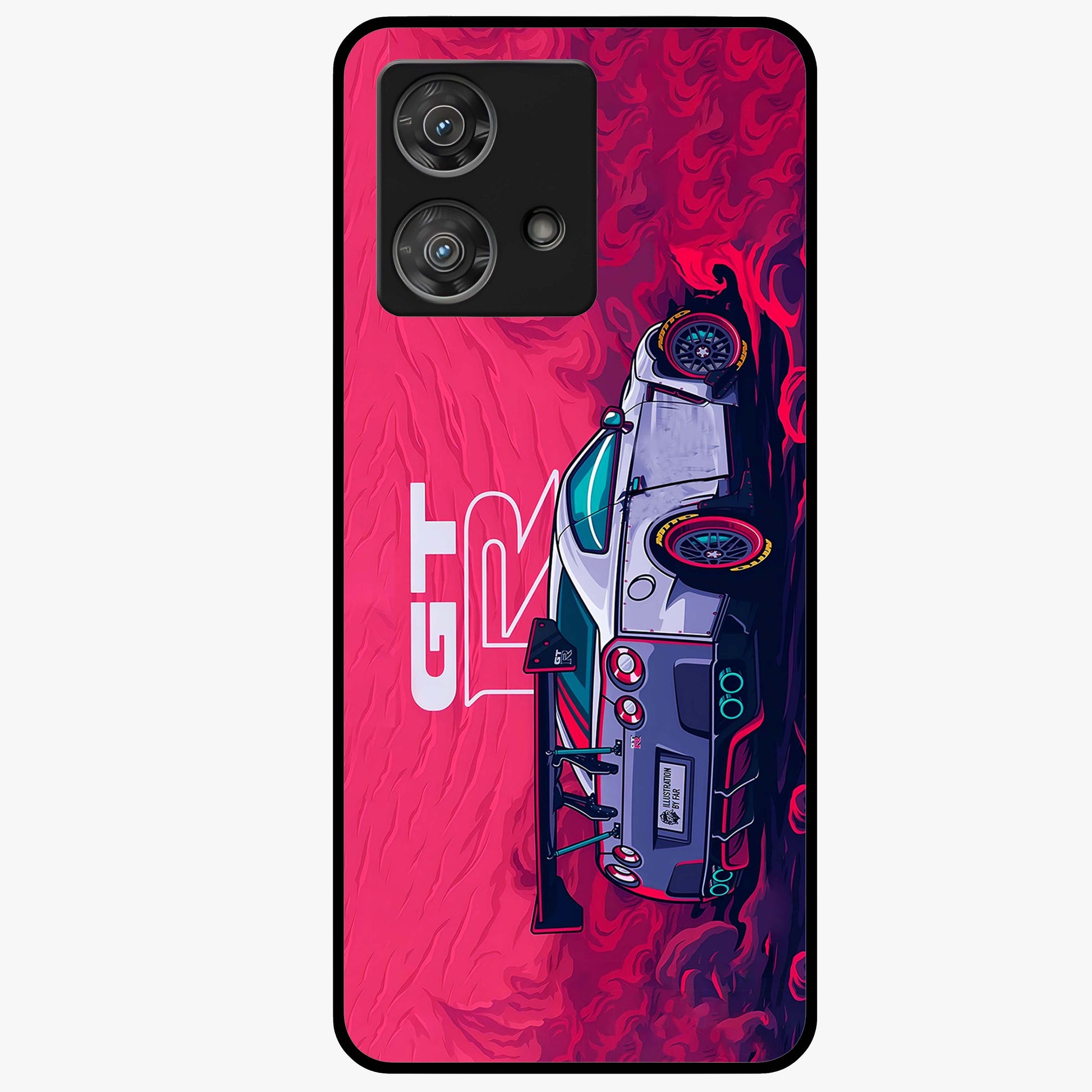 GT-R Car Pattern Glass Case showing flat back view with sporty car inspired pattern artwork and glossy glass finish.