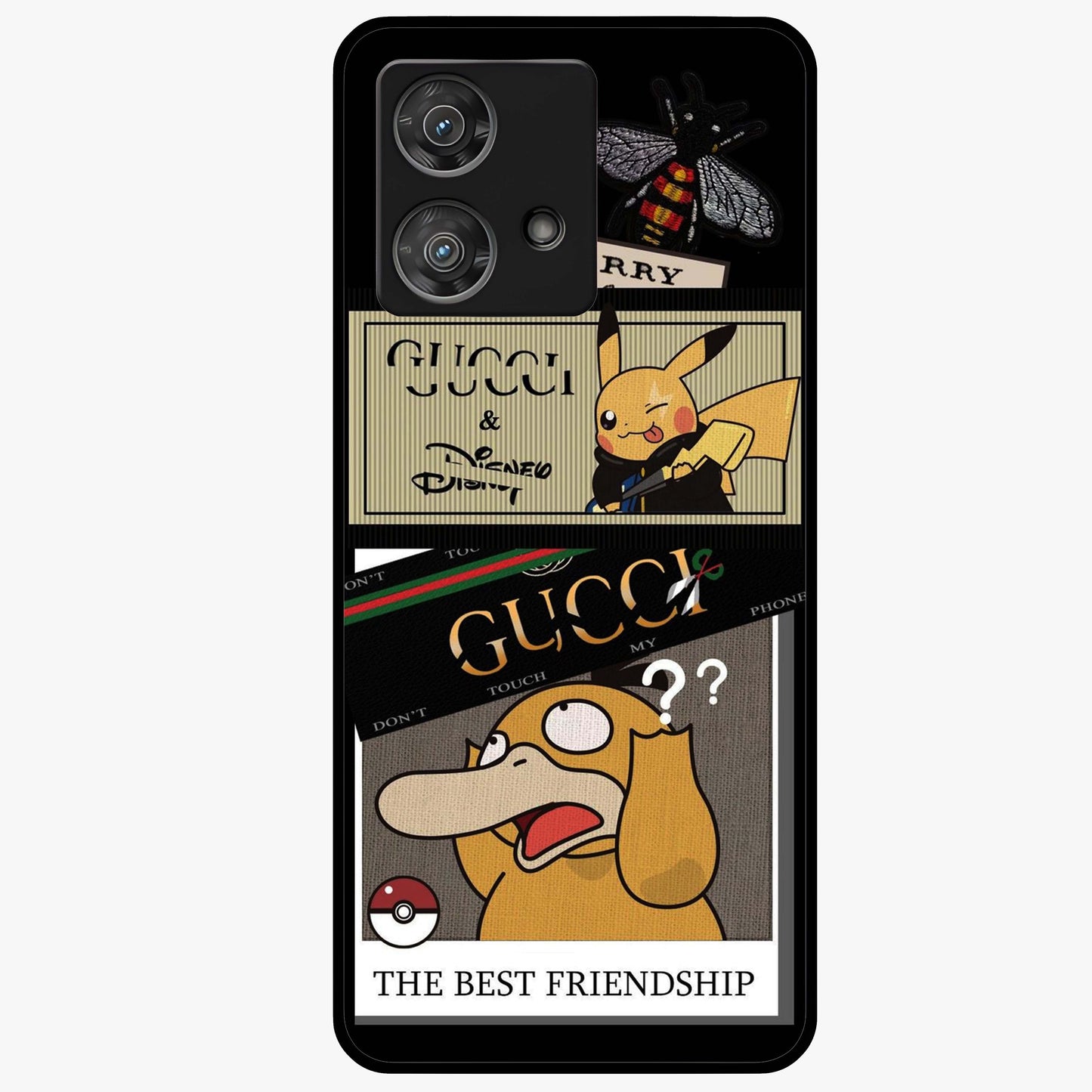 Gucci Play Mashup Glass Case showing flat back view with luxury inspired graphic artwork and glossy glass finish.