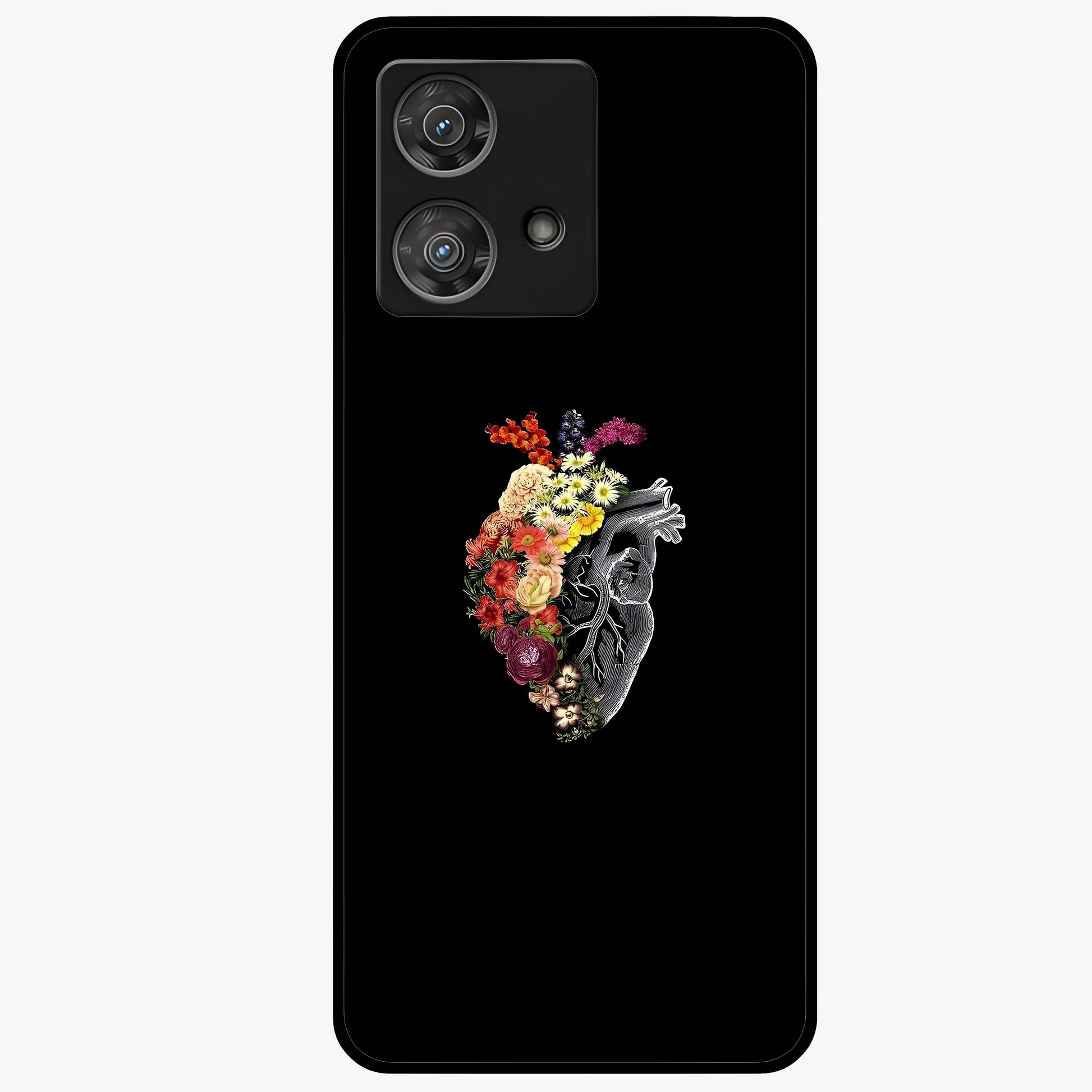 Heart With Flowers Glass Case showing flat back view with heart shaped floral artwork and glossy glass finish.
