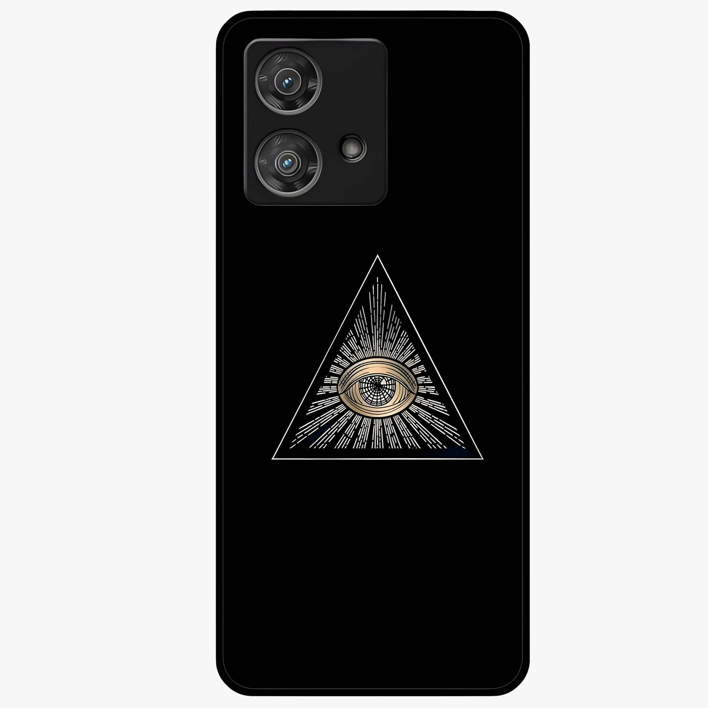 Illuminati Evil Glass Case showing flat back view with mysterious illuminati symbol artwork and glossy glass finish.