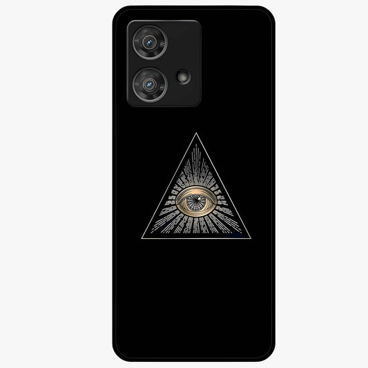 Illuminati Evil Glass Case showing flat back view with mysterious illuminati symbol artwork and glossy glass finish.