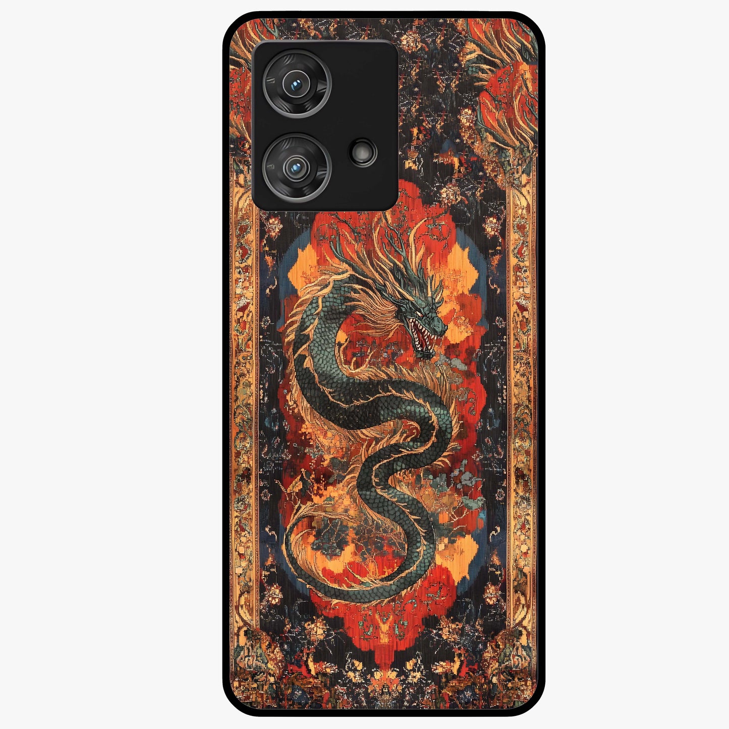 Inferno Dragon Soul Glass Case showing flat back view with fiery dragon artwork and glossy glass finish.