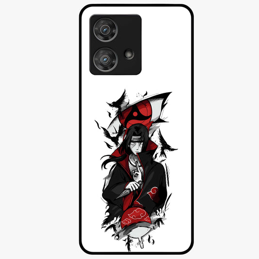 Itachi Sharingan Glass Case showing flat back view with powerful anime eye artwork and glossy glass finish.