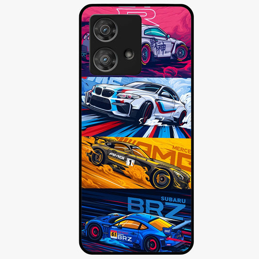 JDM Sports Car Glass Case showing flat back view with high performance sports car artwork and glossy glass finish.