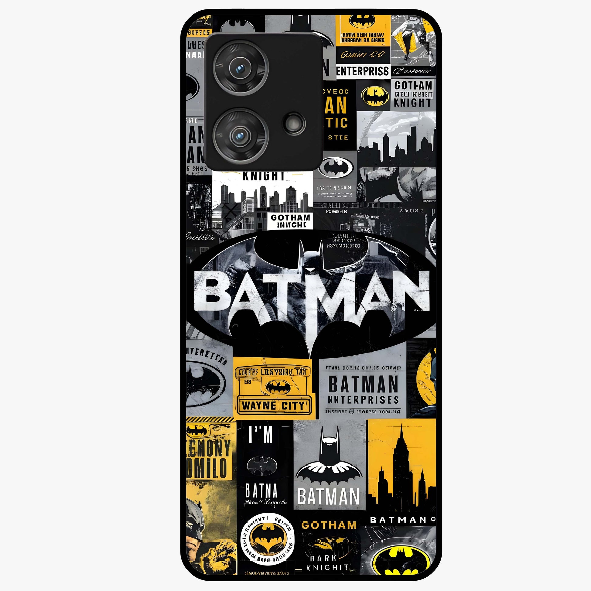 Knight Gotham Rise Glass Case showing flat back view with dark hero inspired artwork and glossy glass finish.