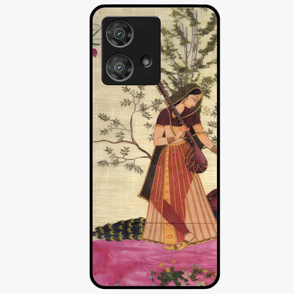 Lady With Veena Art Glass Case showing flat back view with elegant woman playing veena artwork and glossy glass finish.